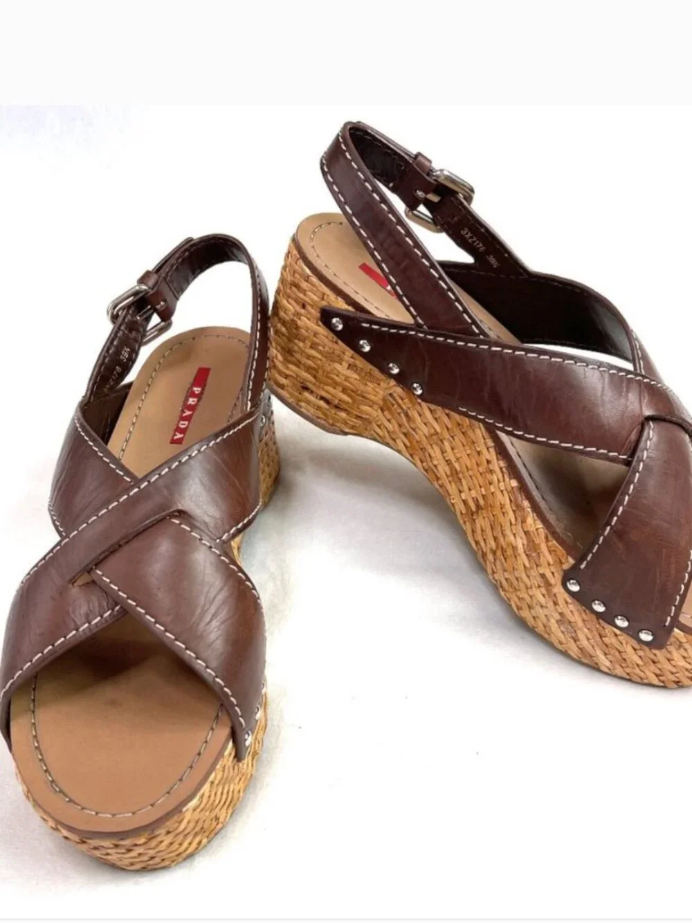 Auth Prada Leather Wicker Wedge Sandals size 39,5.